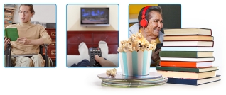 Person in wheelchair reading a book, person sitting on couch watching a movie, person listening to audio book, with a popcorn tub, and a stack of books in the lower right corner
